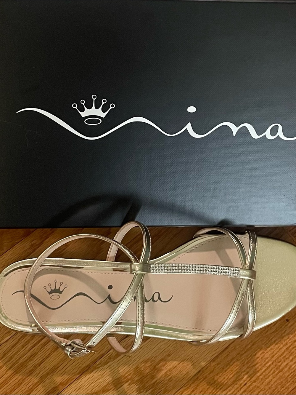 NINA Metallic Gold Strappy Sandal with Rhinestone Detail
